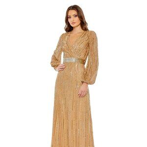 NWT‎ $598 Mac Duggal [ 4 ] 5718 Sequined Wrap Over Puff Sleeve Gown Gold
